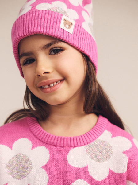 Raspberry Daisy Knit Beanie
